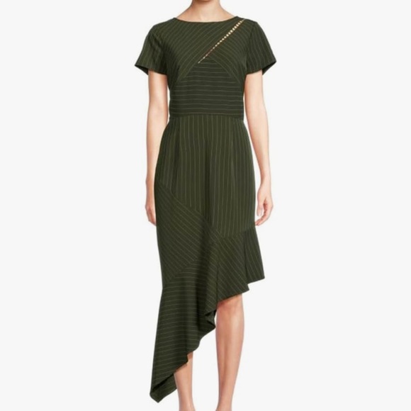 FOCUS by Shani Green Asymmetrical Pinstripe Midi Dress US 10 NWT - Picture 1 of 9